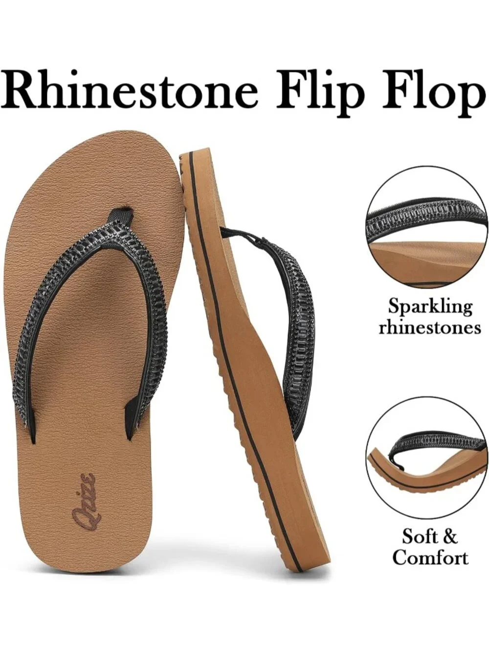 Women's Black Khaki Summer Comfortable Flip Flops with Rhinestone Thong Sandals